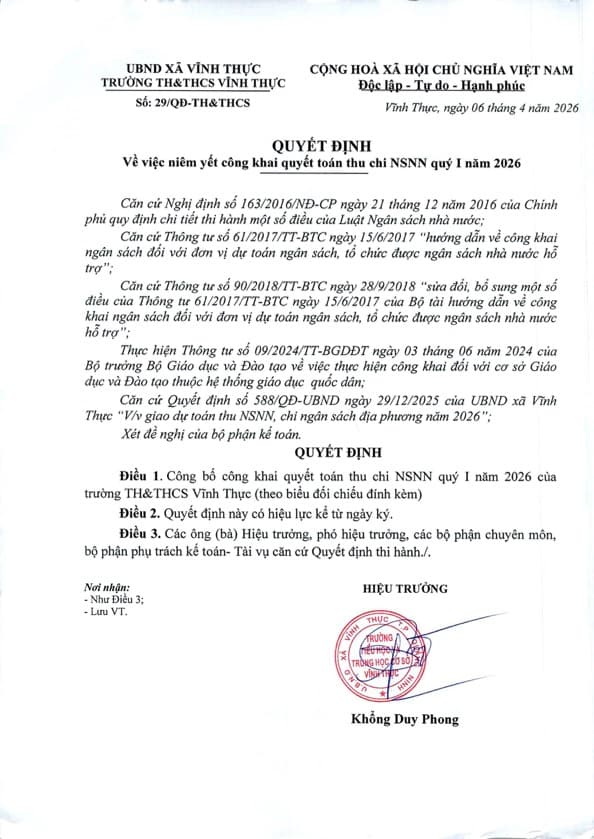 Công khai quyết toán thu – chi ngân sách nhà nước Quý I năm 2026 theo Quyết định số 29/QĐ-TH&THCS